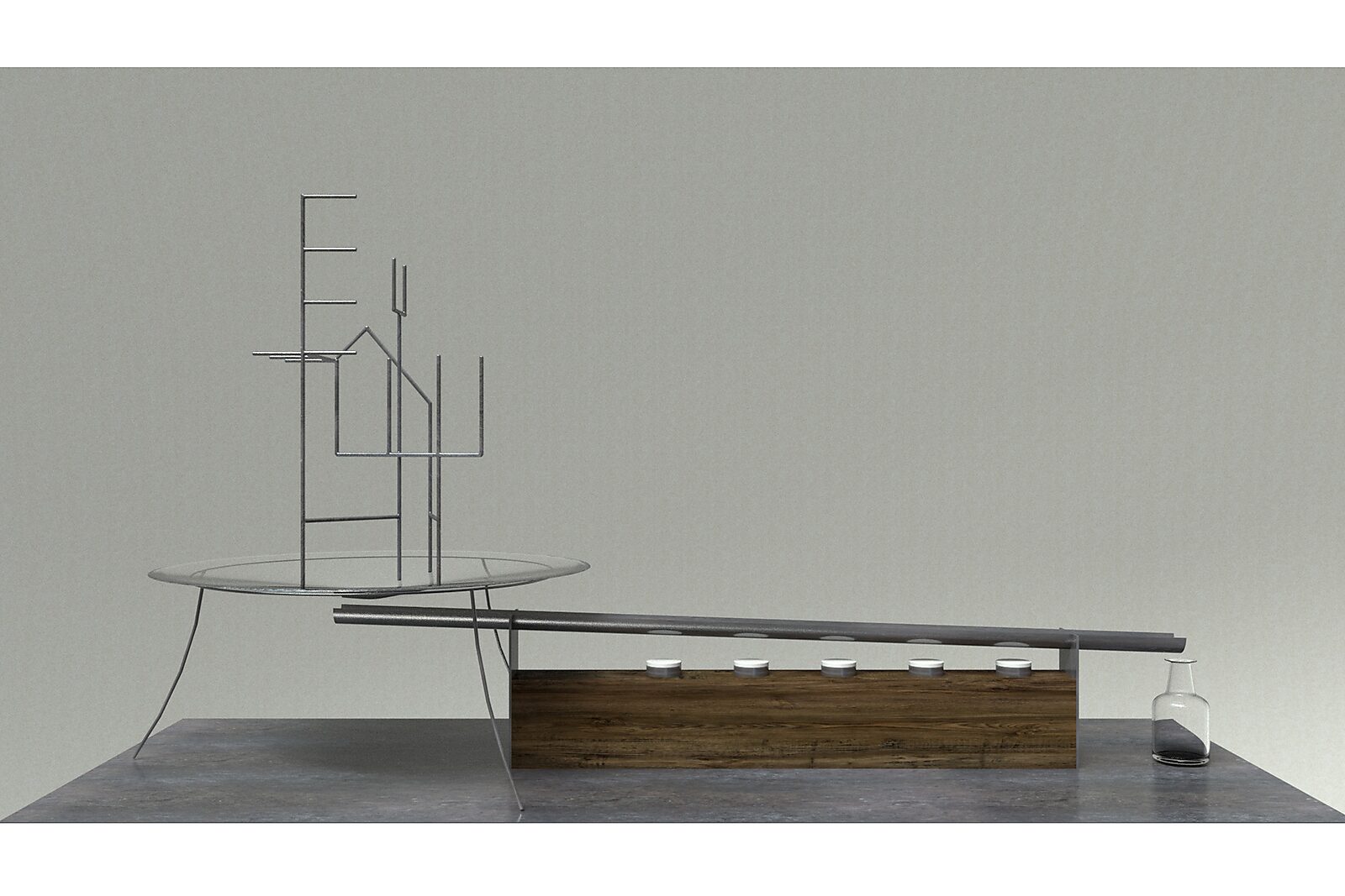 Entropic Sculpture — Aqua Entropica, 3D design of an installation with a metal sculpture, a heating gutter with candles and a collecting glass for evaporated water.