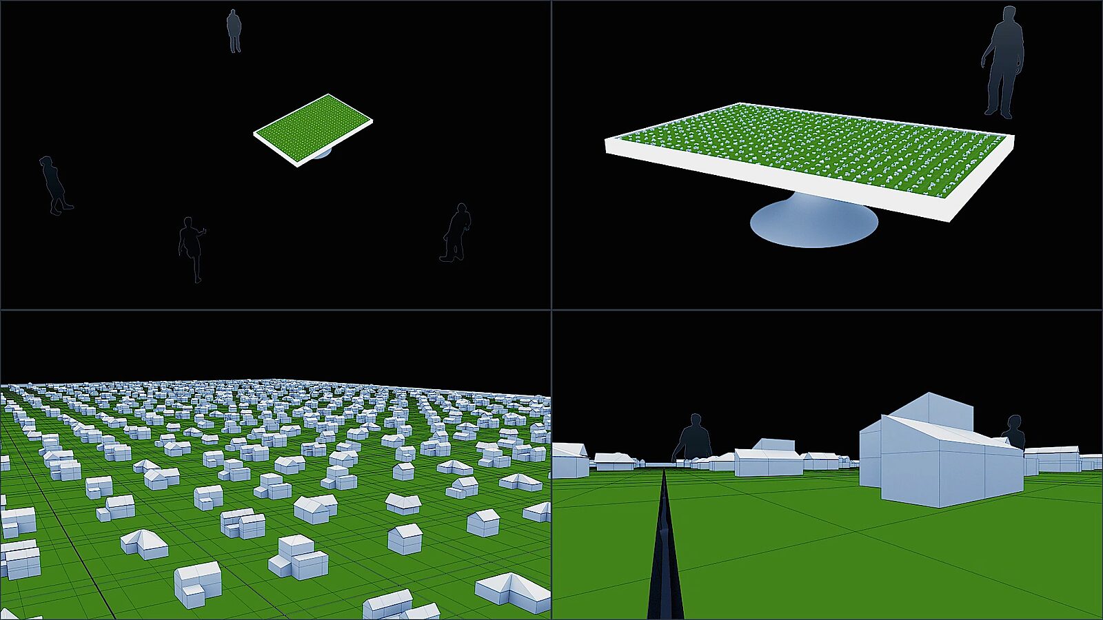 Unwelcome City — videostill from a 3D animation: a table holds a green miniature village; small white houses are arranged in rows while visitor figures appear around the table.