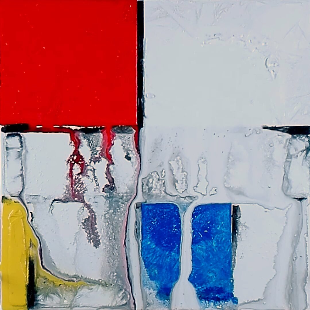 Back to Nature with Piet Mondrian No. 1.5 — final process stage where red pigment flows downward across the grid and merges with other colours.