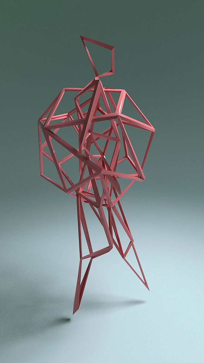 Virtual Transformation — Impressive Encounters: video still from a 3D animation; the geometric structures overlap and intertwine, causing body and form to merge into a complex spatial construction.