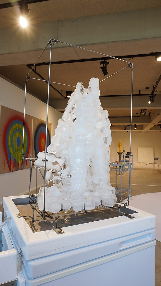 Entropic Sculpture No. 2 — Transformation Studio No. 1: Warm or Cold, tall ice formation built from frozen water around the metal skeleton.