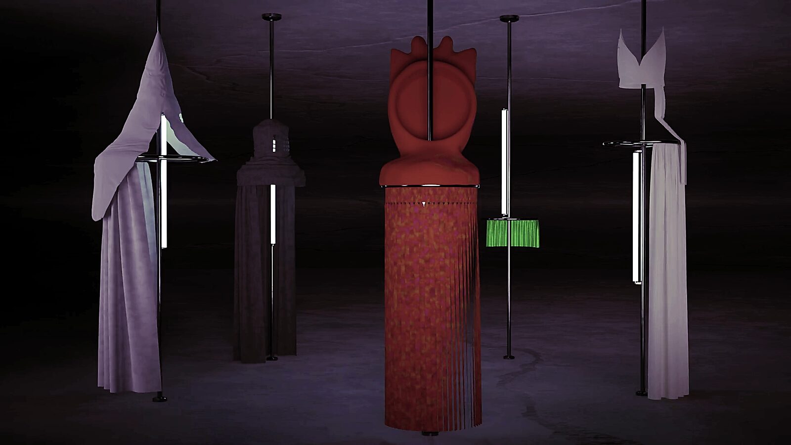 Pole Dance Curtains — videostill from a 3D animation: various sculptural forms with curtains and neon rods hang around dance poles, forming a circular arrangement.