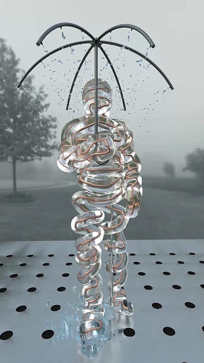 The Icy Man — videostill from a 3D animation in which the body of the figure becomes fully visible as a clear, ice-like volume around a twisting internal structure.