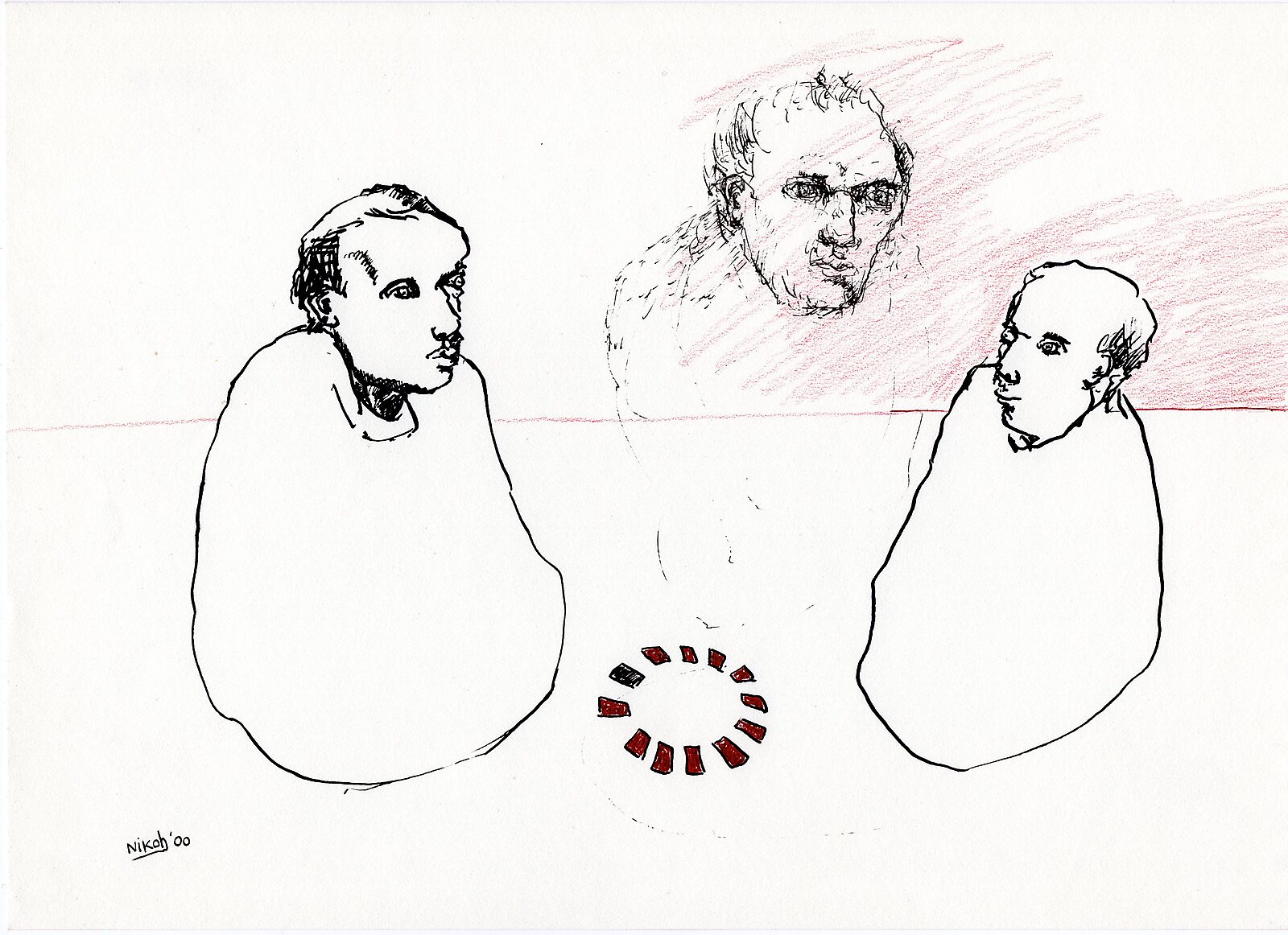 Tekeningen — Jaar 2000 — tekening van twee figuren tegenover elkaar met daartussen een grotere zwevende kop; onderaan vormt een cirkel van kleine rode vlakken een ring.