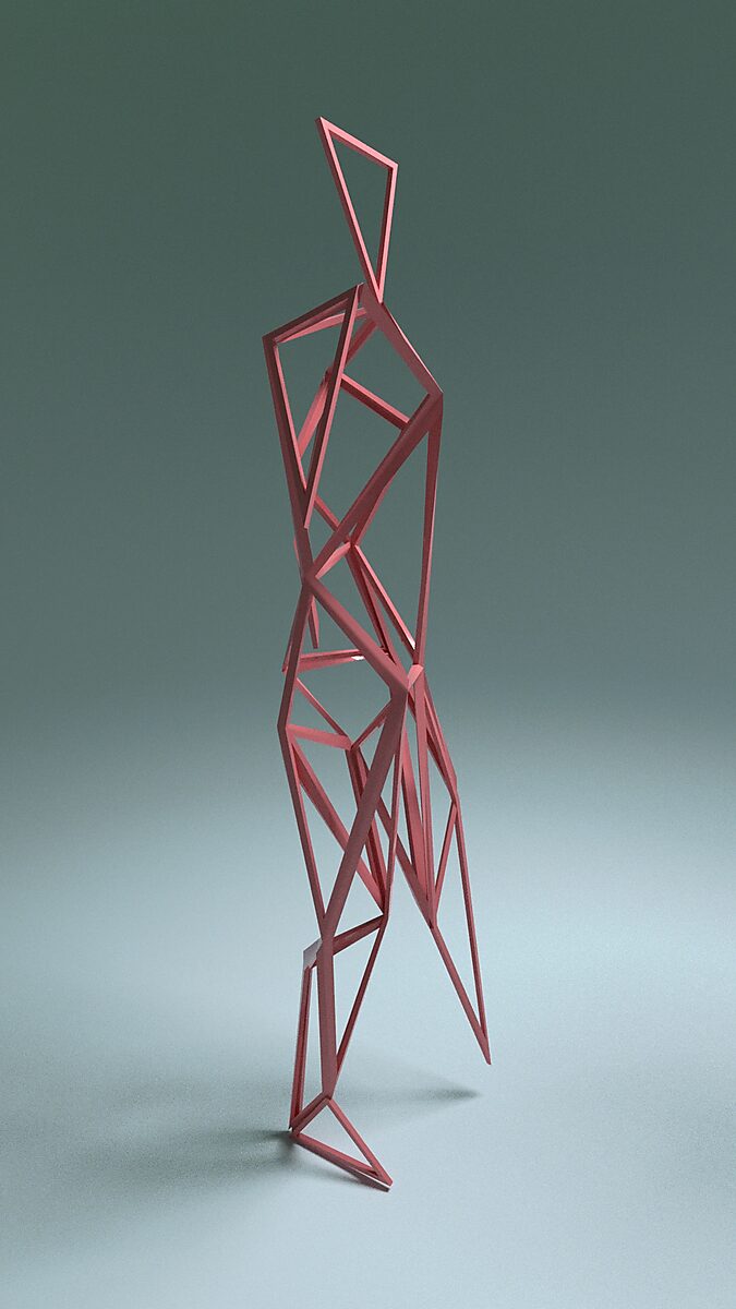 Virtuele transformatie — Indrukwekkende ontmoetingen: videostill uit een 3D-animatie; een fragiele, mensachtige figuur opgebouwd uit dunne rode geometrische lijnen staat in een lichte contrapost, balancerend in een open, lege ruimte.