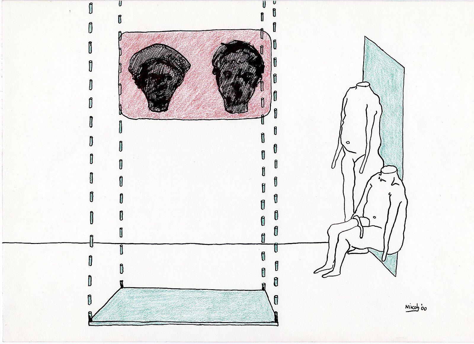 Drawings — Year 2000 — drawing of a shelving structure with a red panel showing two dark heads; on the right two headless bodies stand against a green surface.