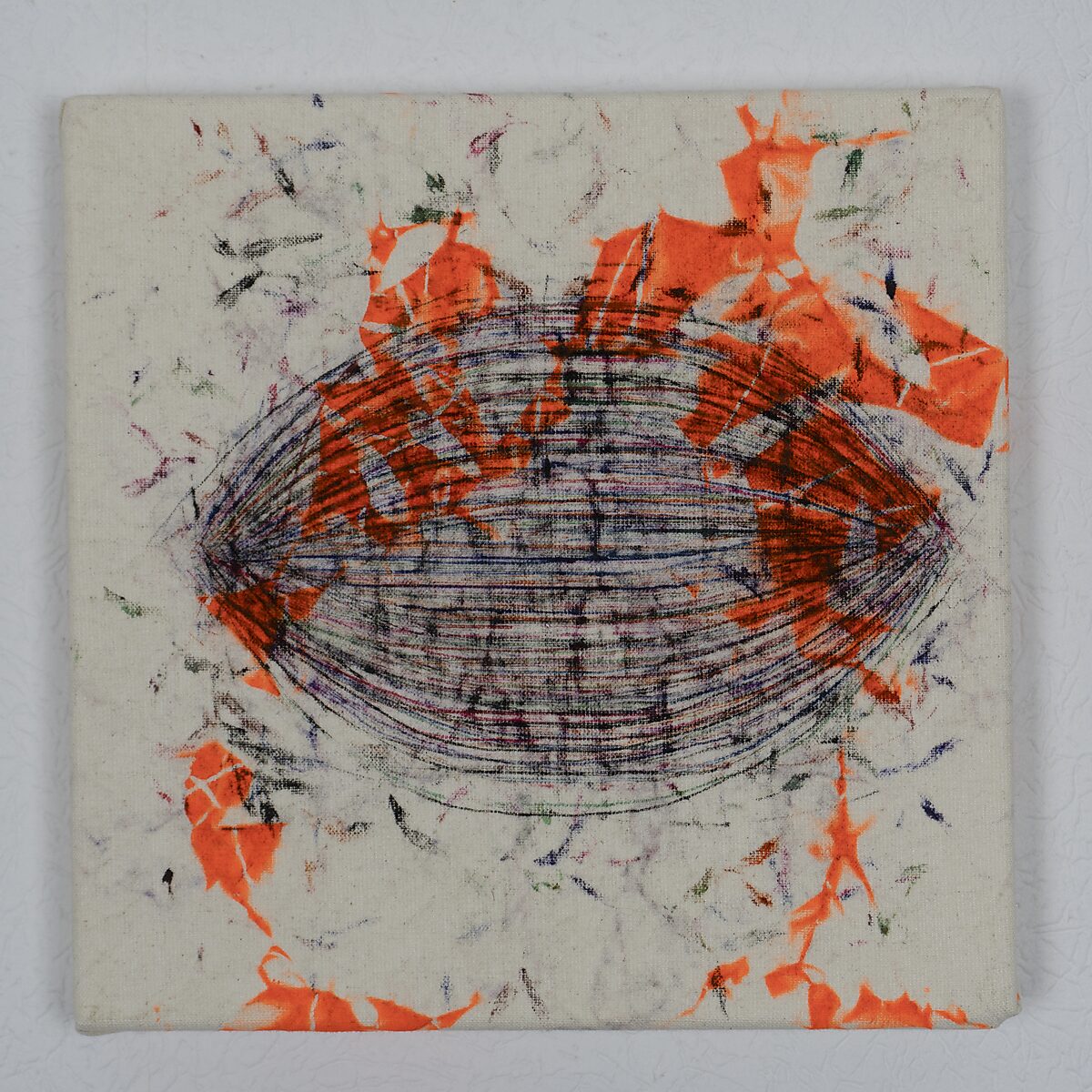 Drawings — Remaining Ink Cloths — drawing where an oval bundle of overlapping lines forms the centre of the canvas, with scattered ink prints around it.
