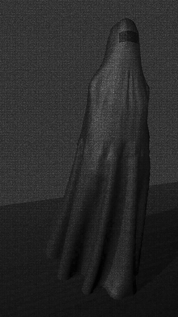 Carried by the Wind — video still from a 3D animation in which a cloth-covered figure stands upright while its form is subtly deformed by an imagined wind.