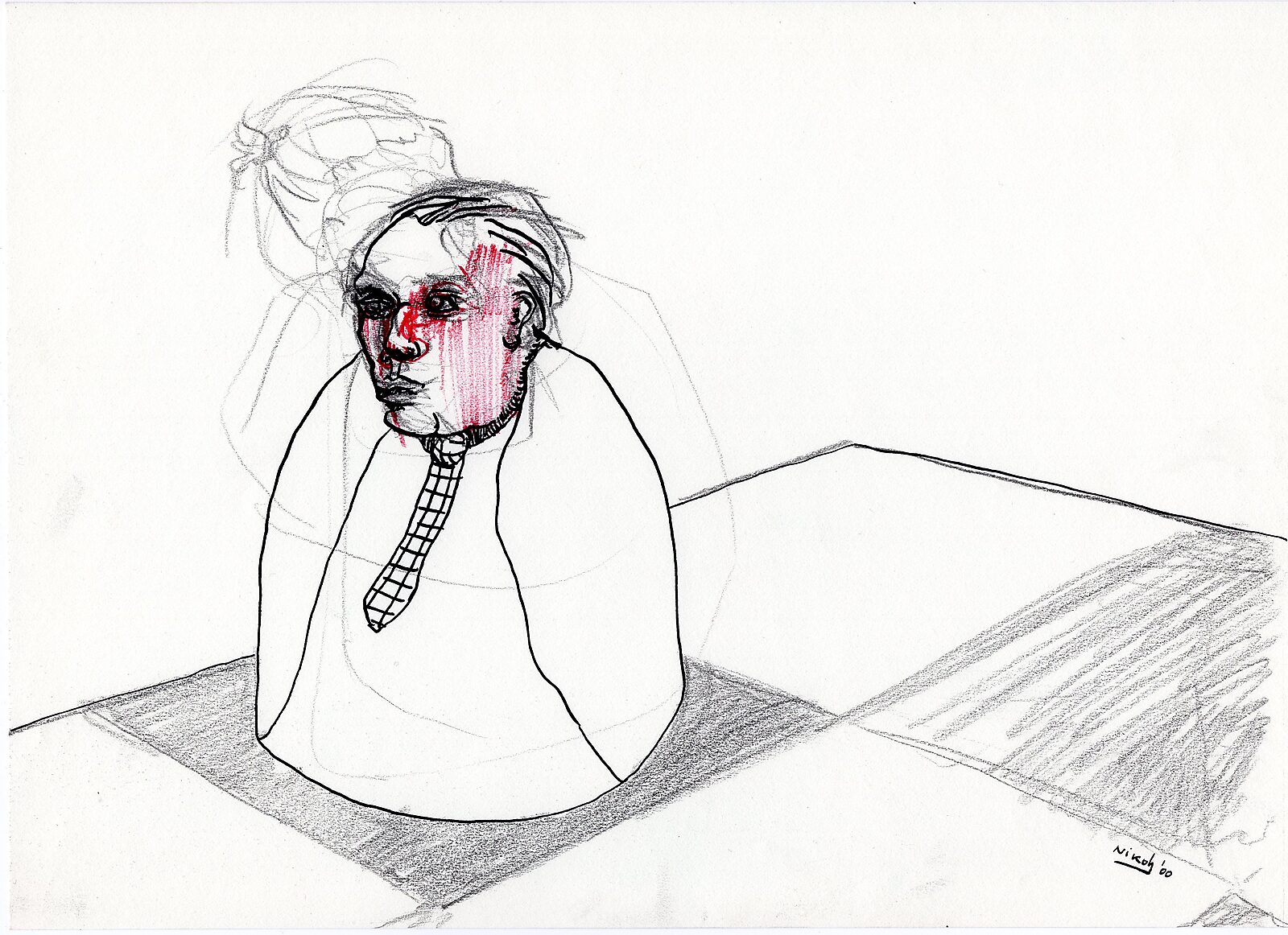 Drawings — Year 2000 — drawing of a figure where only the upper body is visible, emerging from an opening in a surface; the face has red accents and a faint second outline.