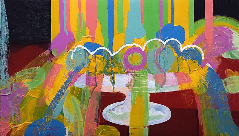 Slow Paintings — The Fruit Bowl — oil painting in which the fruit bowl is flooded by broad, colourful bands flowing from top to bottom; the still life becomes a field of rhythm and repetition, where form and colour gradually merge.