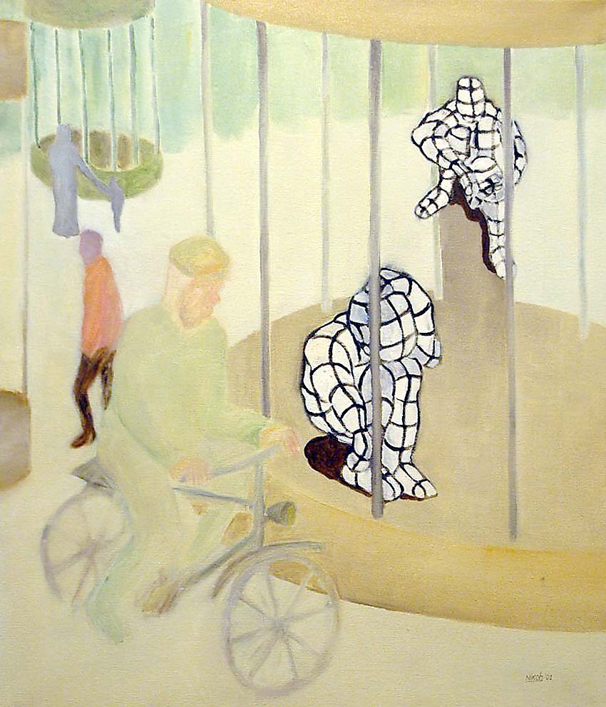 Virtual Grids — oil painting in which wireframe figures crouch inside a cage-like structure; in the foreground a man in a wheelchair moves as a softly painted presence, causing the mesh bodies to appear as inhabitants of a virtual layer within real space.