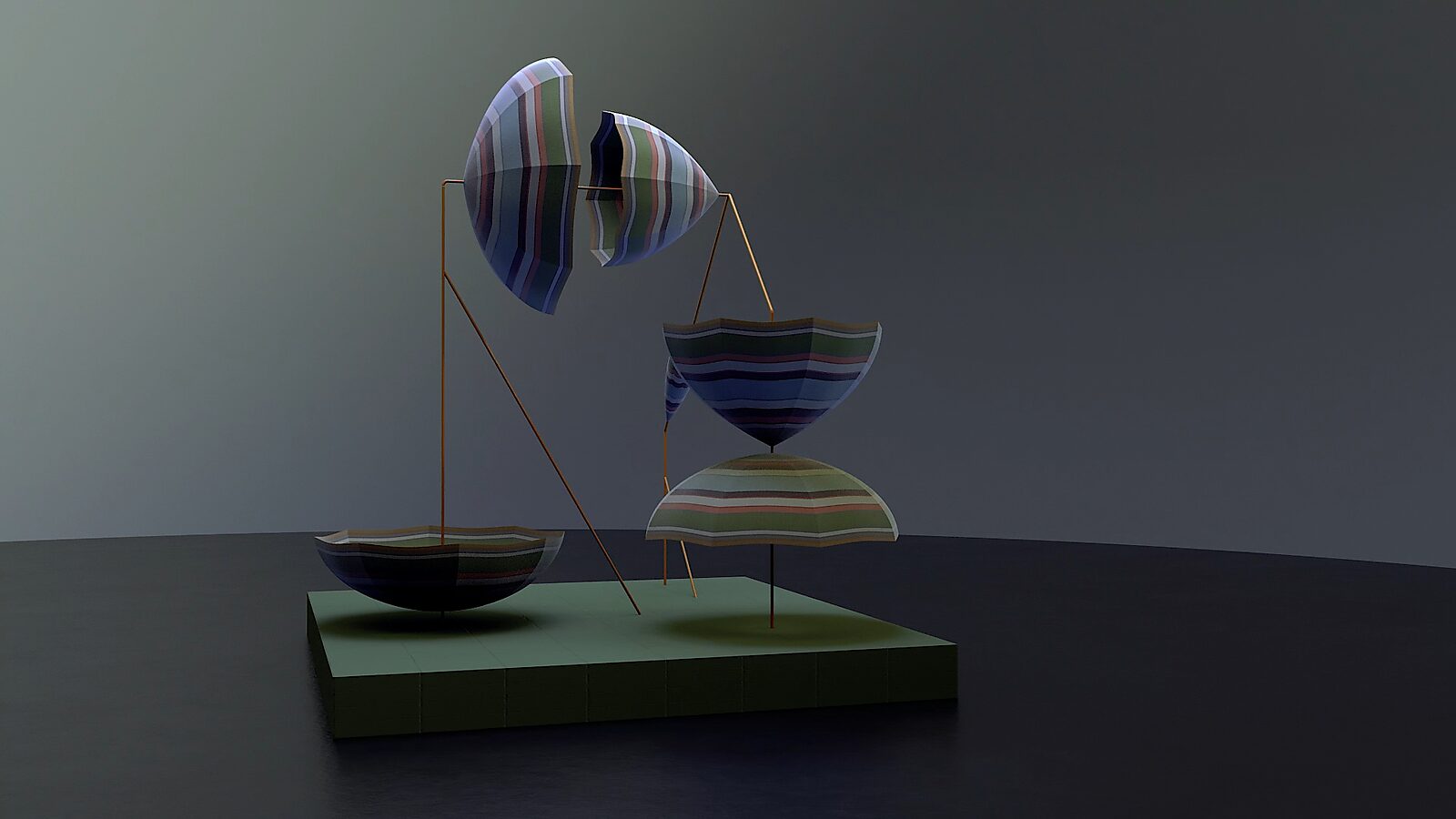 Umbrella — videostill from a 3D animation: the striped sculptural elements shift position around the umbrella forming a changing spatial composition.