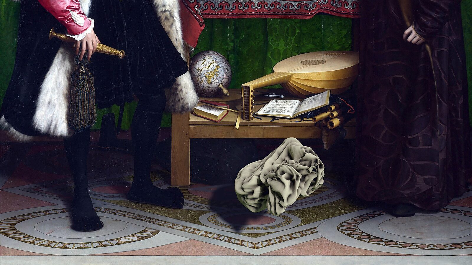 Virtual Transformation — The Elusive Skull — video still of a 3D animation in which a distorted skull floats in front of the painting The Ambassadors by Hans Holbein the Younger, with visible historical objects such as a lute, books, and a globe.