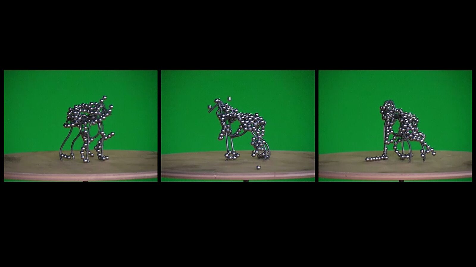 De draaihond, De veelvormige hond — videostills: hondvorm sterk opgebouwd uit metalen bolletjes die de oorspronkelijke draadstructuur bijna volledig bedekken.