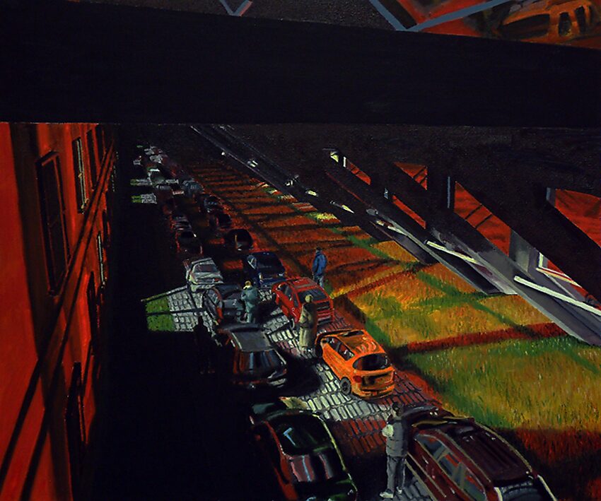 The Modern Cavemen — Indoor trafficjam: safety camera view — overview perspective of a traffic jam inside a red-lit architectural structure; cars stand bumper to bumper while figures move between them, seen from a high, detached camera viewpoint.