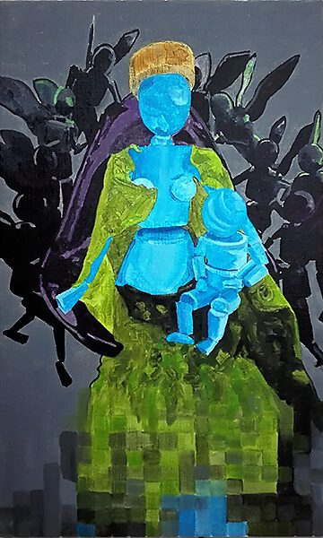 Madonna in flux — olieverfschilderij met sterk contrasterende blauwe en groene kleurzones tegen een donkere achtergrond, waarbij de figuren verschijnen als lichtdragende vormen binnen een nachtelijke ruimte.