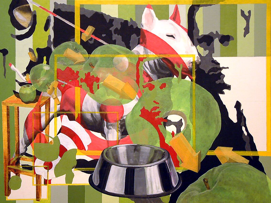 Shoothing Apples for Dogfood, oorspronkelijk olieverfschilderij met een witte hond tussen groene appels, geometrische vormen en een metalen voerbak op de voorgrond.