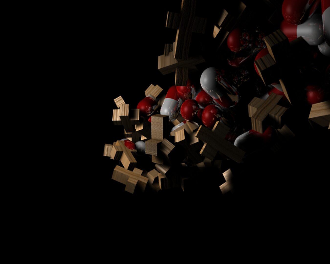 Virtuele transformatie — videostill van een 3D animatie met een dichte massa van kruisen en capsules die in de ruimte samenkomen.