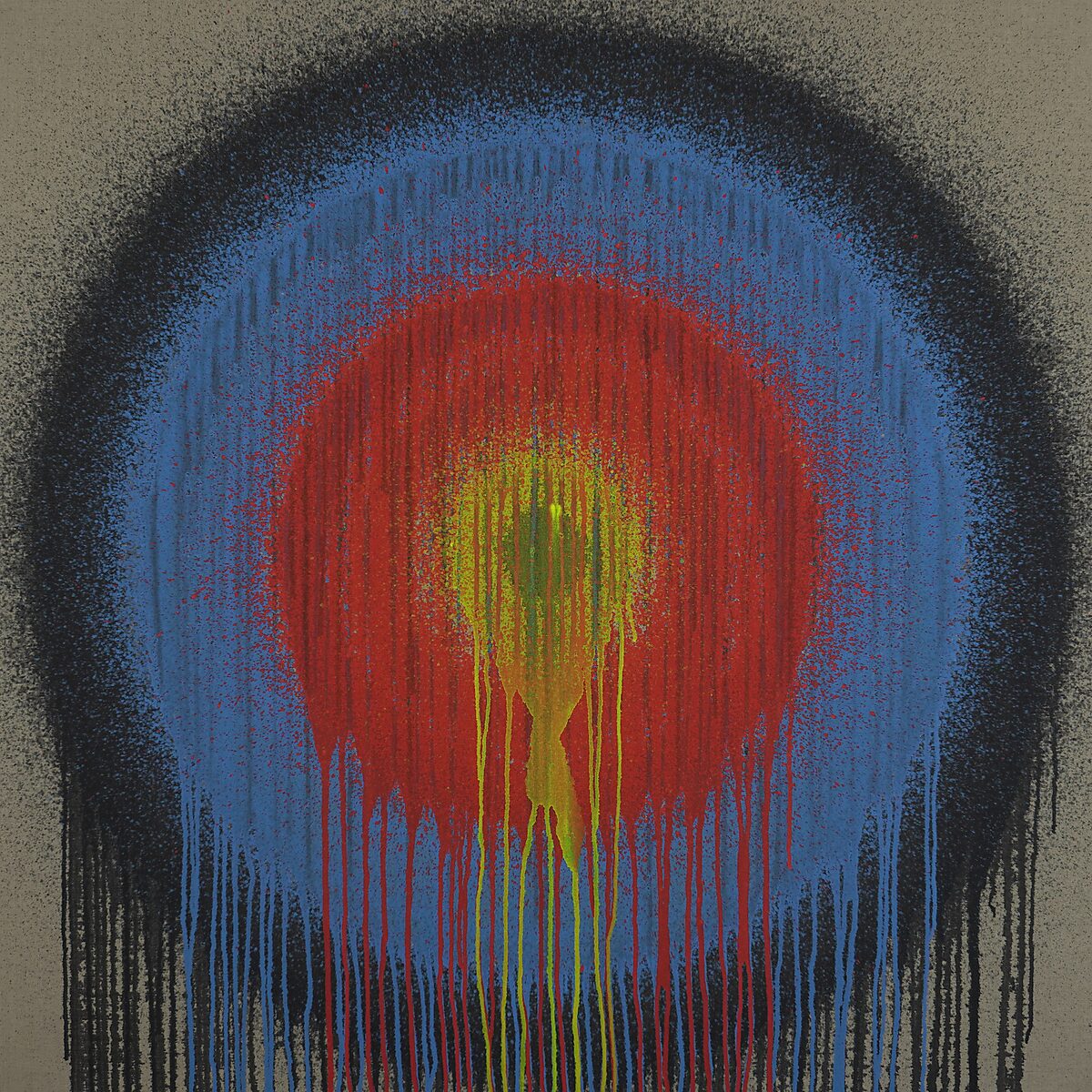 Smeltende doelen nr. 3 — schilderij met zwarte, blauwe en rode concentrische cirkels met gele verf die naar beneden uitloopt.