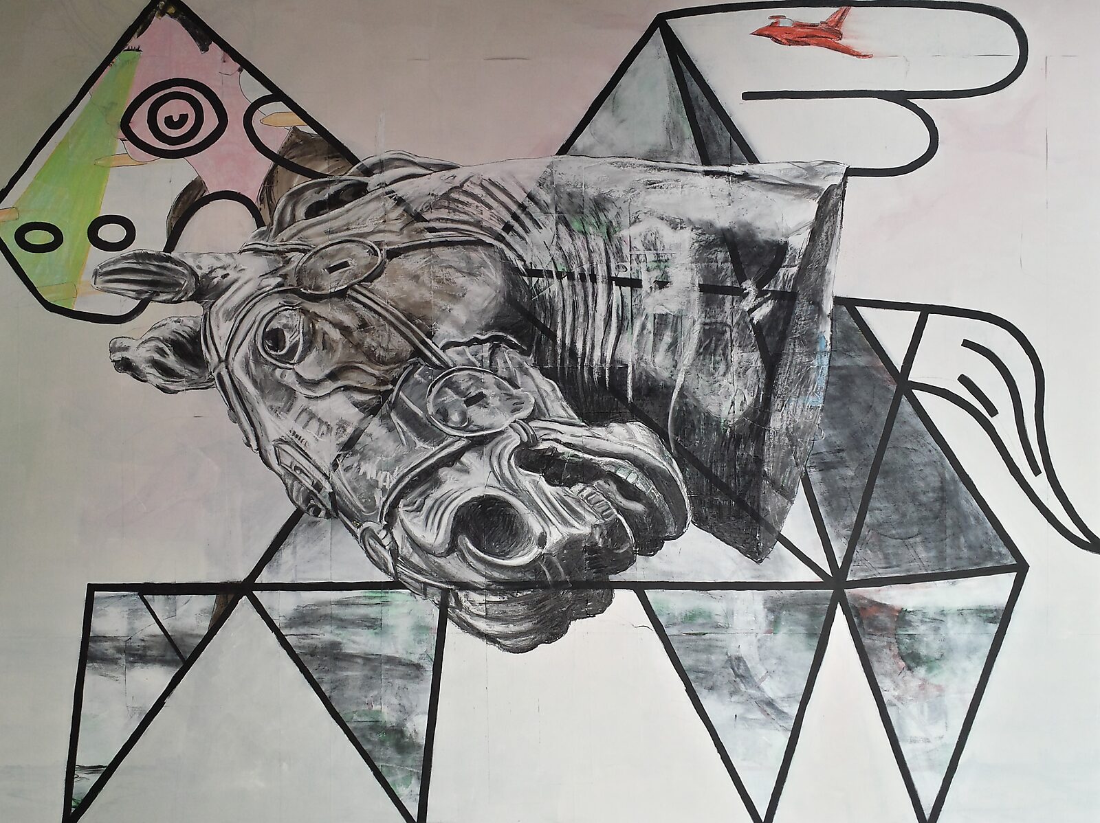 Drawing in Motion — videostill of a large grey horse head lying across a geometric grid; behind the head appear graphic shapes and a small red airplane form.