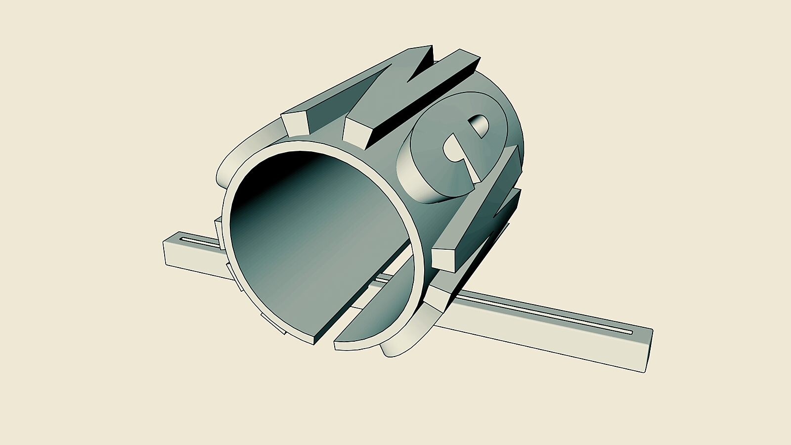 Bending the News — 3D animation videostill: the cylinder closes further and the letters partially disappear from view within the tubular form.