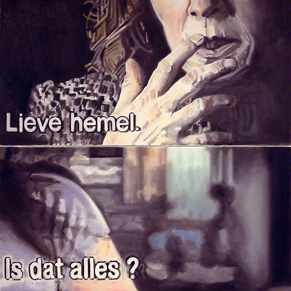 Television Series, Subtitled Realities — television stills with close-ups of a face and an interior fragment combined with the subtitles “Dear heaven.” and “Is that all?”; the text functions as a dramatic layer placed over the image.