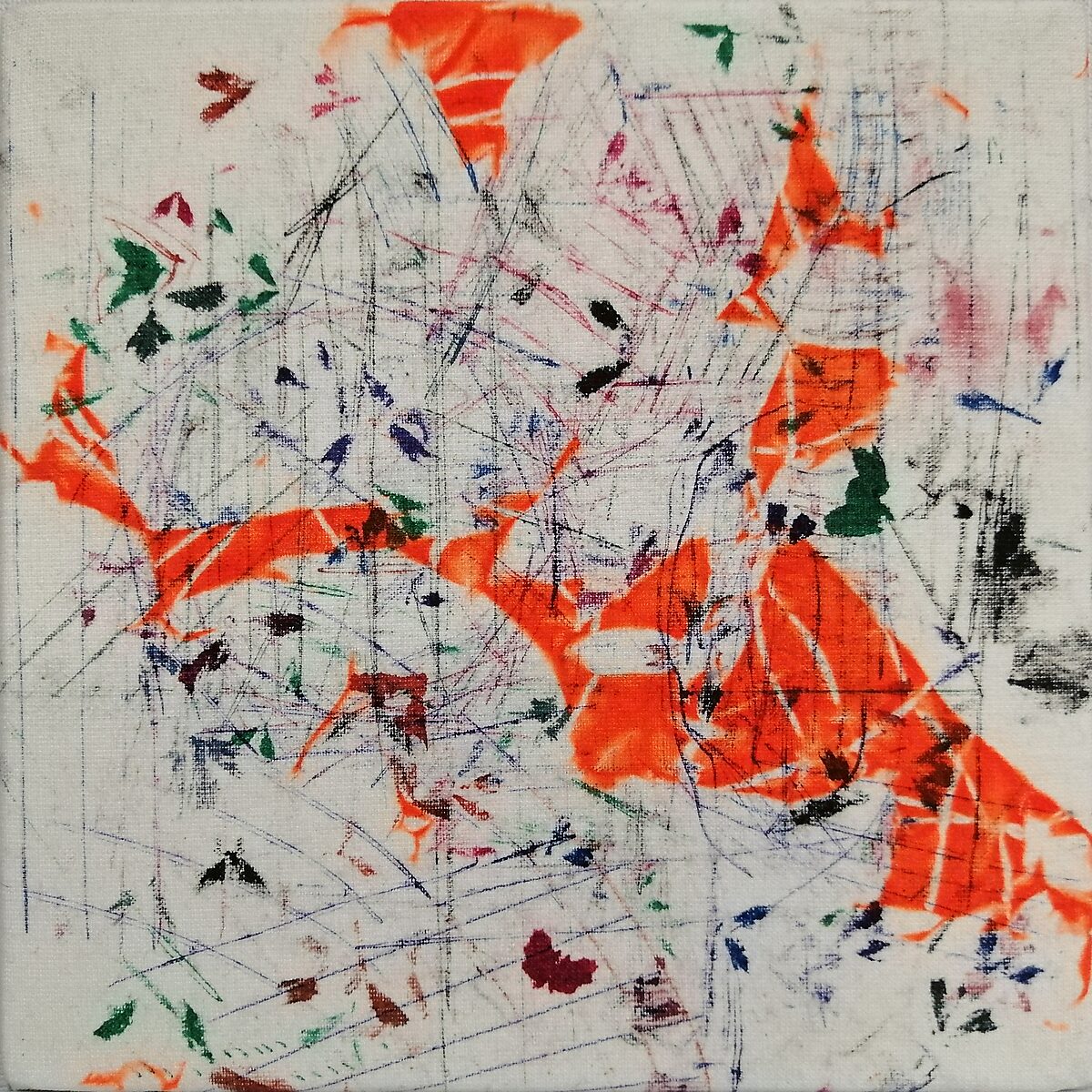 Drawings — Remaining Ink Cloths — drawing composed of prints from used ink cloths, where fragments of orange ink, lines and small colour traces spread across the canvas like a network of spontaneous movements.