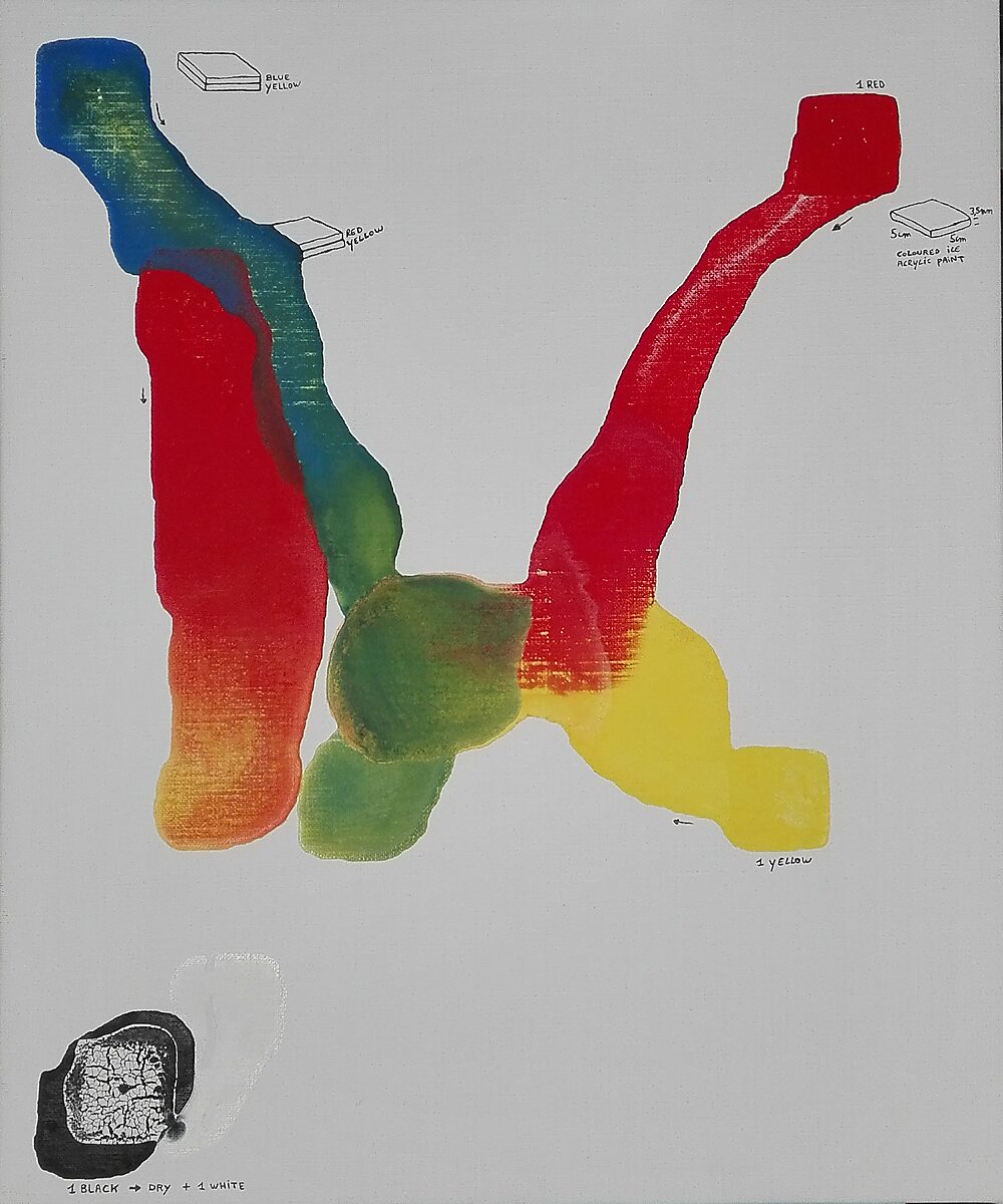 Smeltende composities — schilderij ontstaan uit smeltende ijsplaatjes met pigment, waarbij kleursporen over het doek uitlopen en zich mengen.