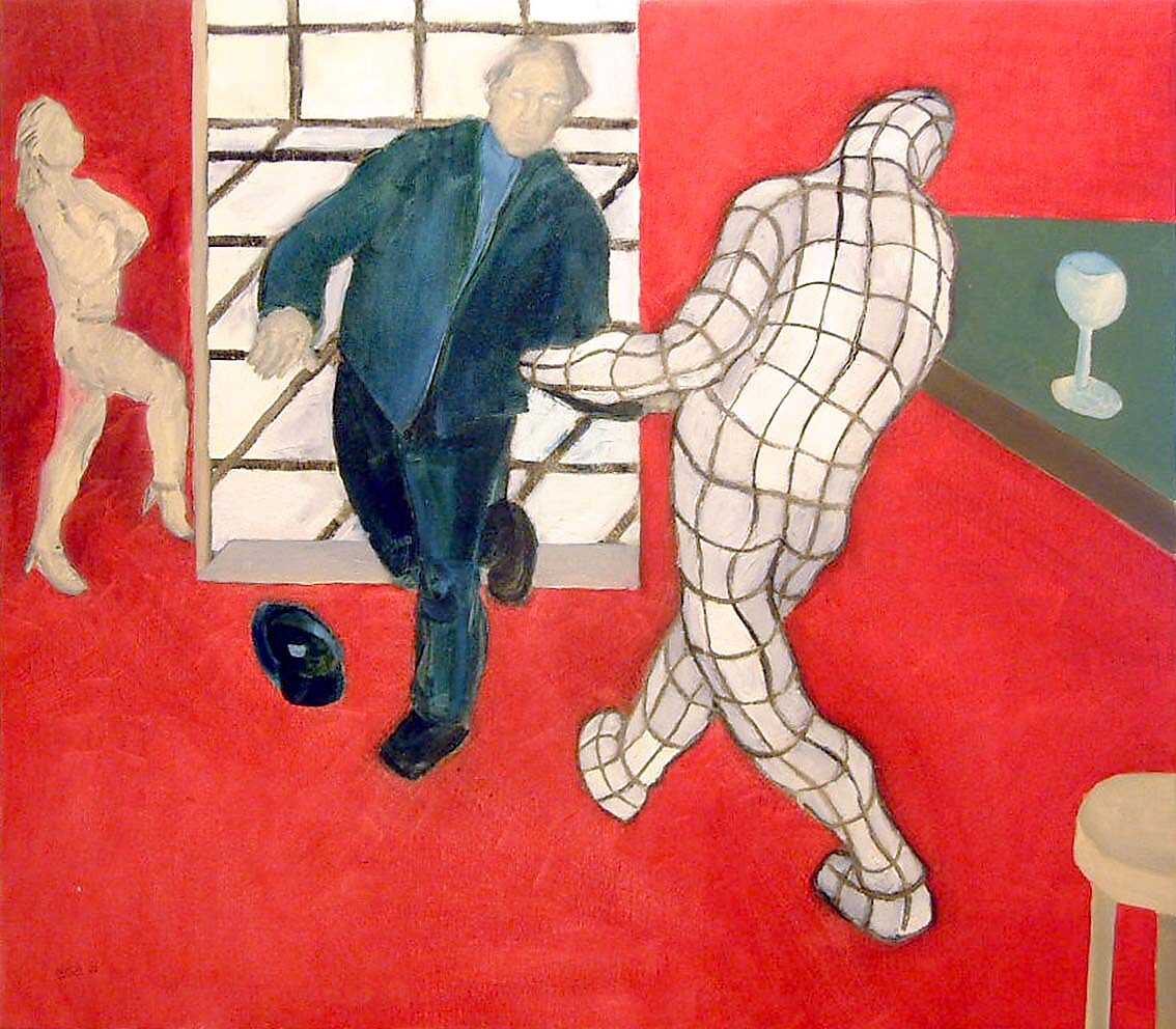Virtual Grids — oil painting in which a mesh-like figure, constructed as a digital 3D wireframe, approaches a man within a painted interior; the red floor and coloured objects represent the physical world in contrast to the virtual projection.