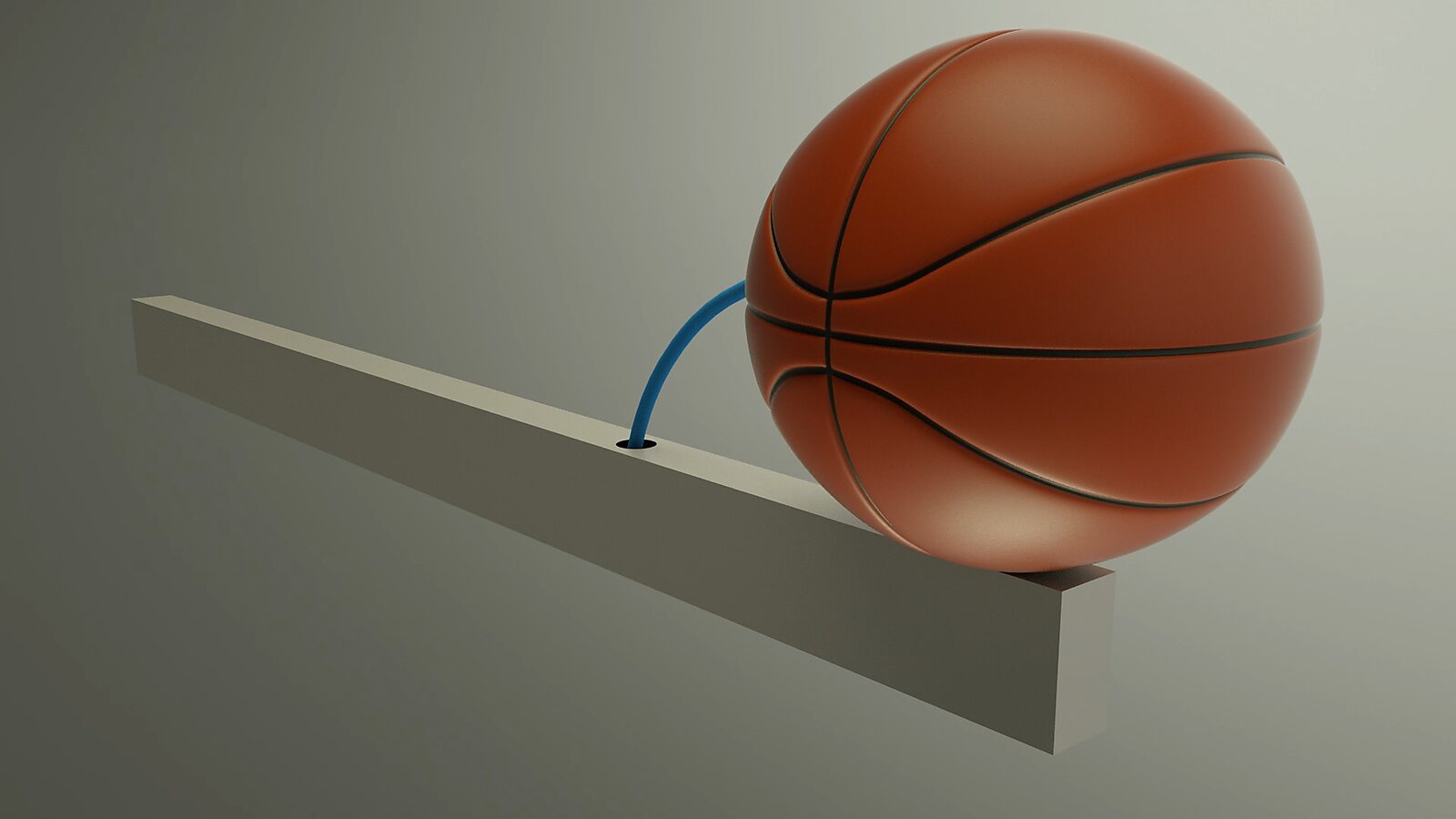 Basketball in Balance — 3D animation videostill: a basketball rests on the edge of a narrow beam while a blue cable emerges from an opening and presses against the ball.