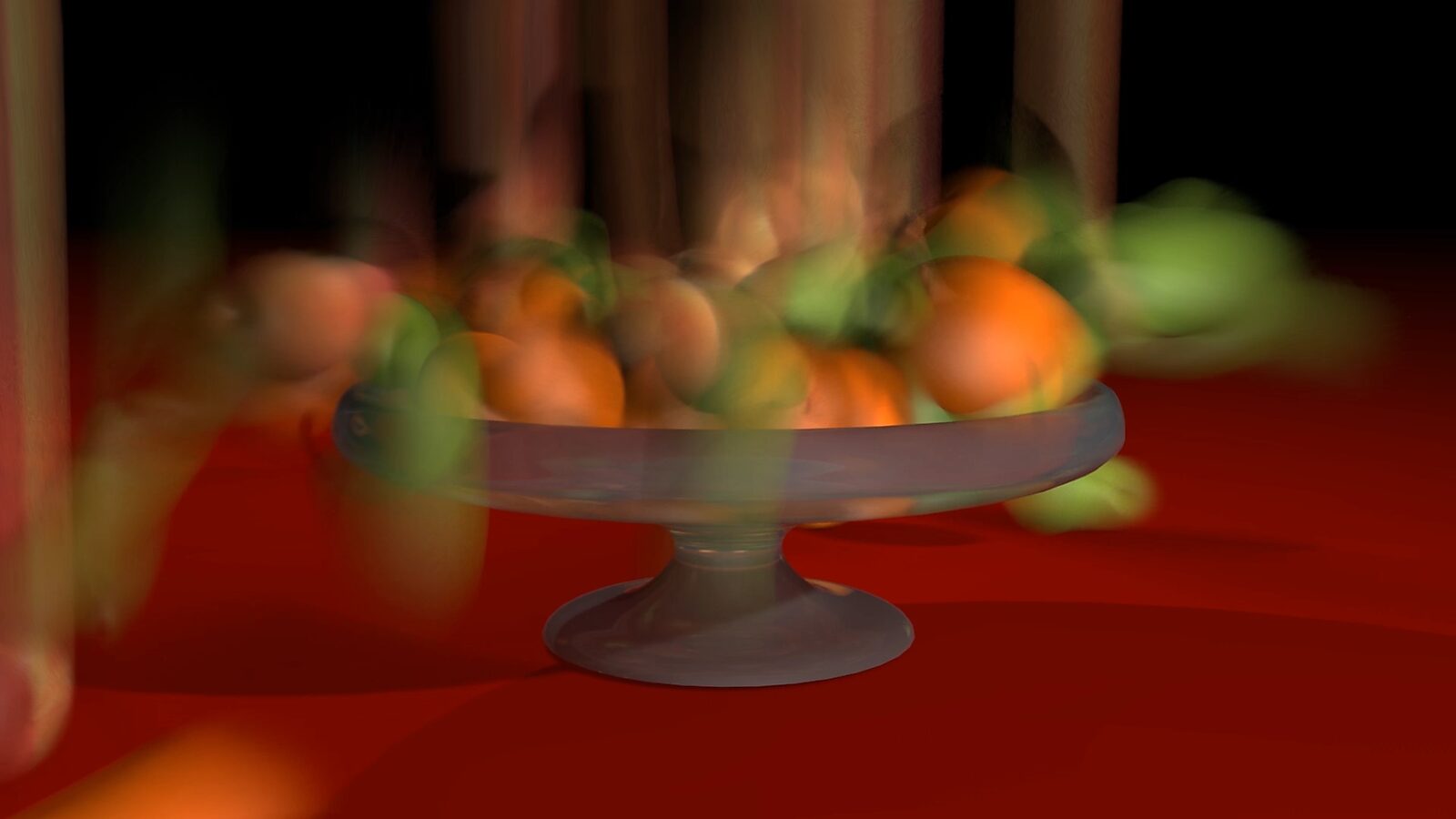 Slow Paintings — The Fruit Bowl — video still from a 3D animation in which apples and pears accumulate in the bowl while the downward motion remains visible as semi-transparent colour bands; the still life emerges from fall and repetition.