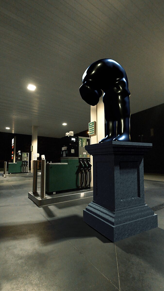 Het Buigend Monument — Het tankstation, videostill 3D-animatie: bij de brandstofpompen buigt het zwart glanzende menselijke monument op de sokkel verder door tot een sterk gebogen vorm.