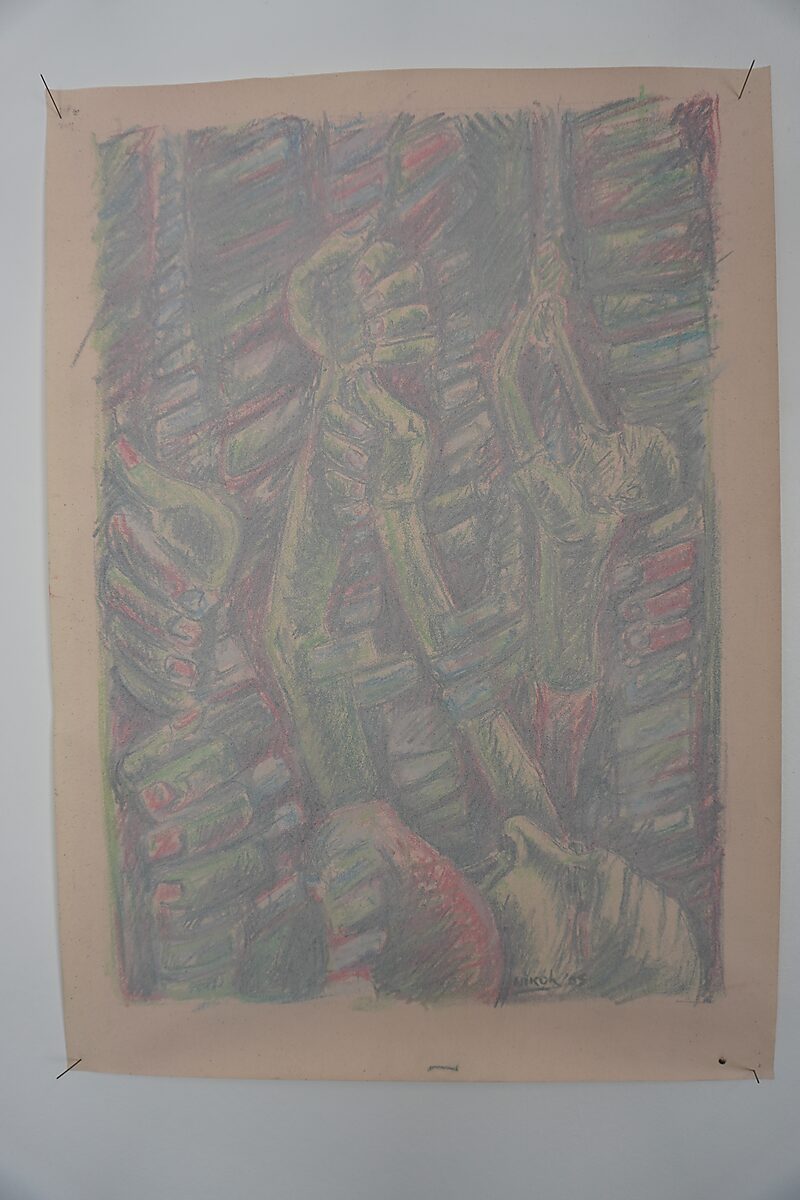 Naming–Value Butterflies — process drawing: Hanging Man (1995) — the same drawing but paler and fading, as if the image recedes into the background.