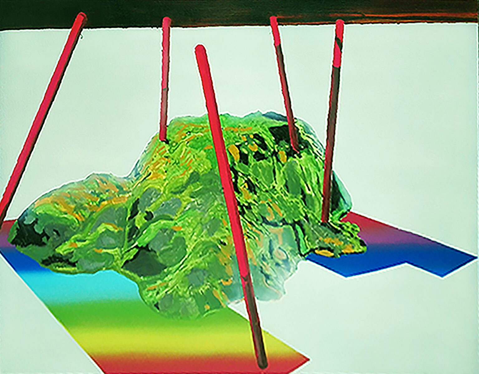 Variations in Difference — painting depicting an organic green form pierced by red vertical poles within a geometric colour field, where natural form and constructed structure intersect.