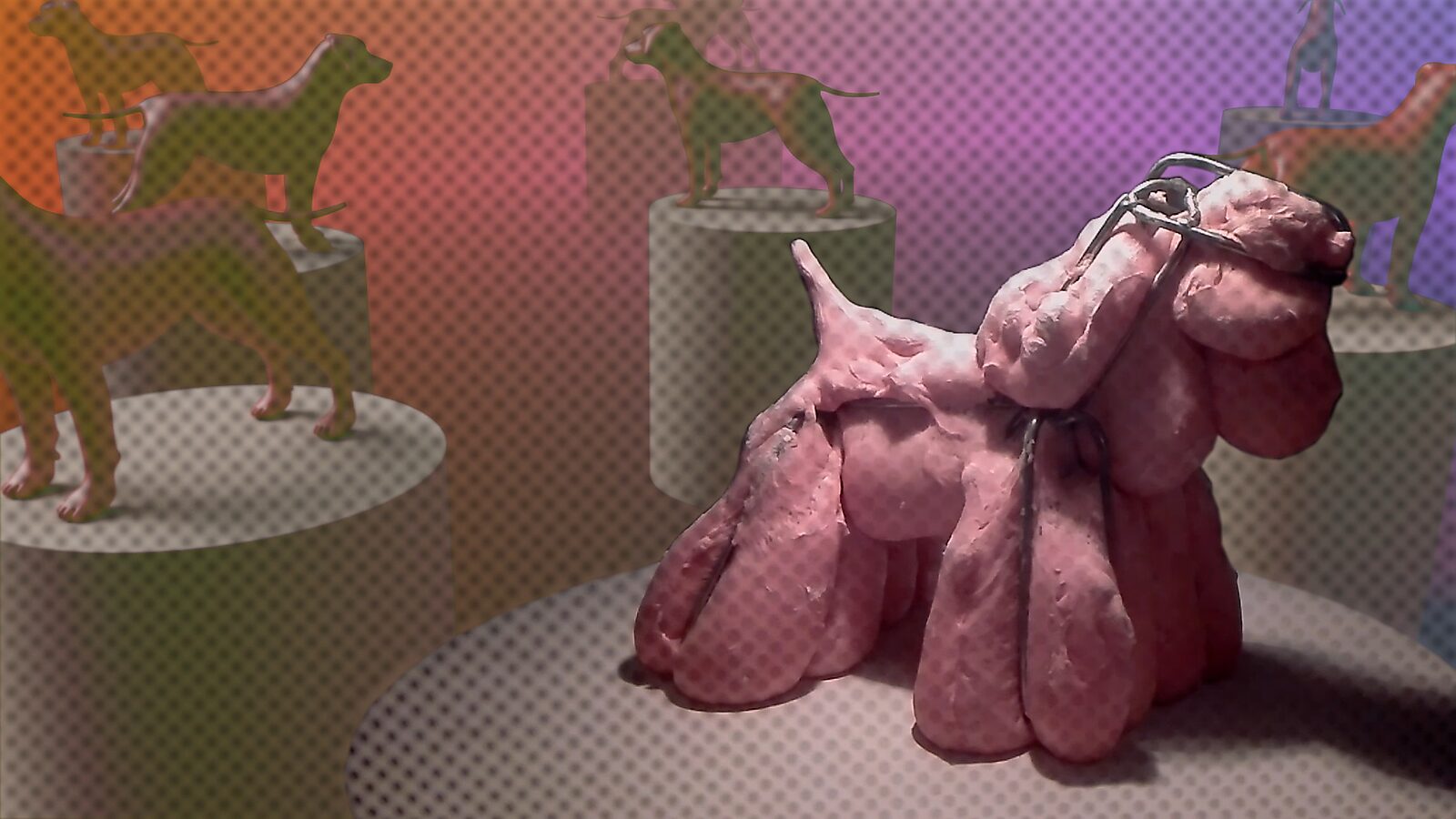 Vreemde hond op de hondenshow — videostill waarin de vervormde hond centraal op het podium staat, met meerdere hondenfiguren in de achtergrond die een hondenshow suggereren.