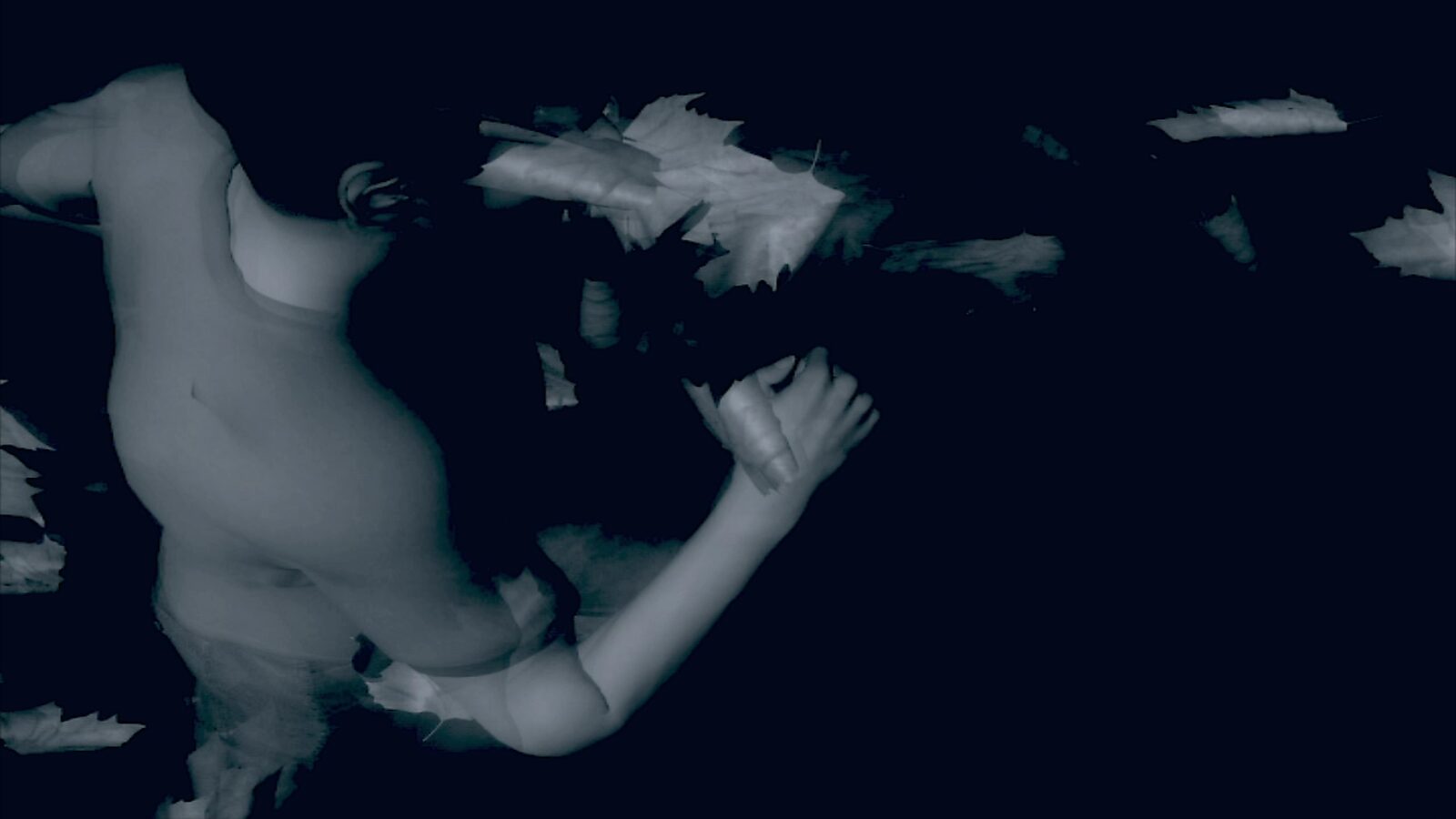 Virtual Transformation — The Runner — video still of a 3D animation with a figure in profile moving through a field of floating leaves.