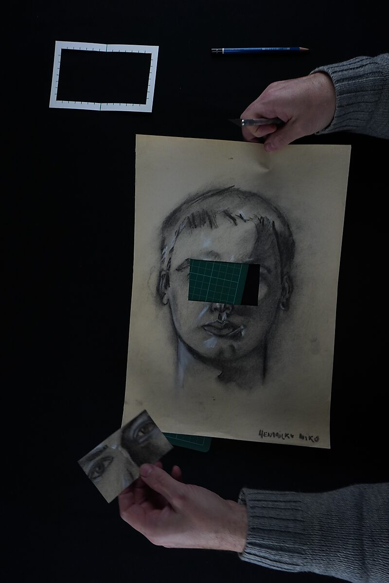 Naming–Value Butterflies — process drawing: self-portrait study 2 PHIKO (1993), Captured (2025) — the cut-out fragment with the eyes is removed from the portrait, leaving a rectangular opening.