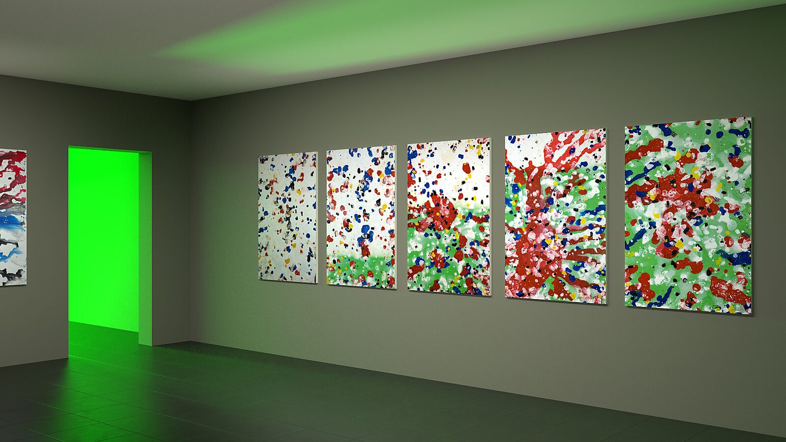 Back to Nature with Piet Mondrian No. 2 and No. 3 — further in the space a series of five paintings from No. 3 is shown, created by throwing a Mondrian ice plate into a container five times, gradually shifting toward green.