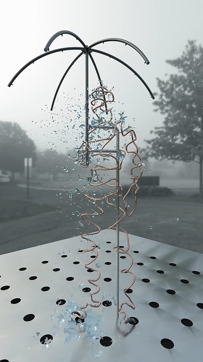 The Icy Man — videostill from a 3D animation in which a transparent human figure stands around a central pole while glass-like shards burst away from the body.