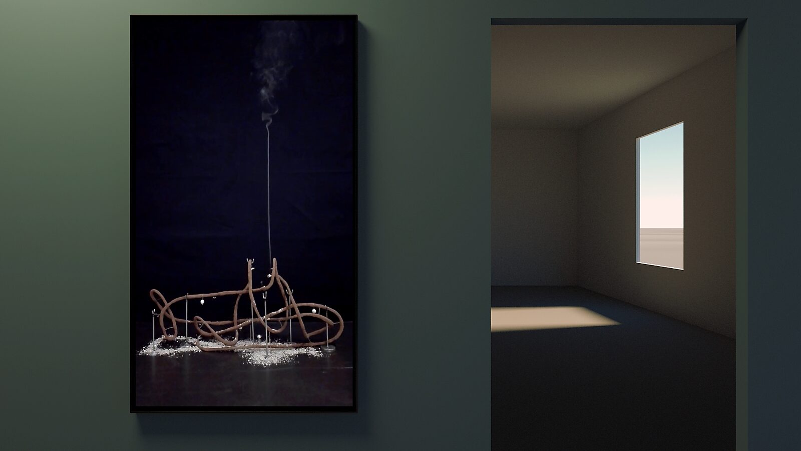 Shipbuilding — videostill from a 3D animation of an exhibition concept: the column of smoke above the incense sculpture grows longer while sunlight creates a bright patch of light on the floor.