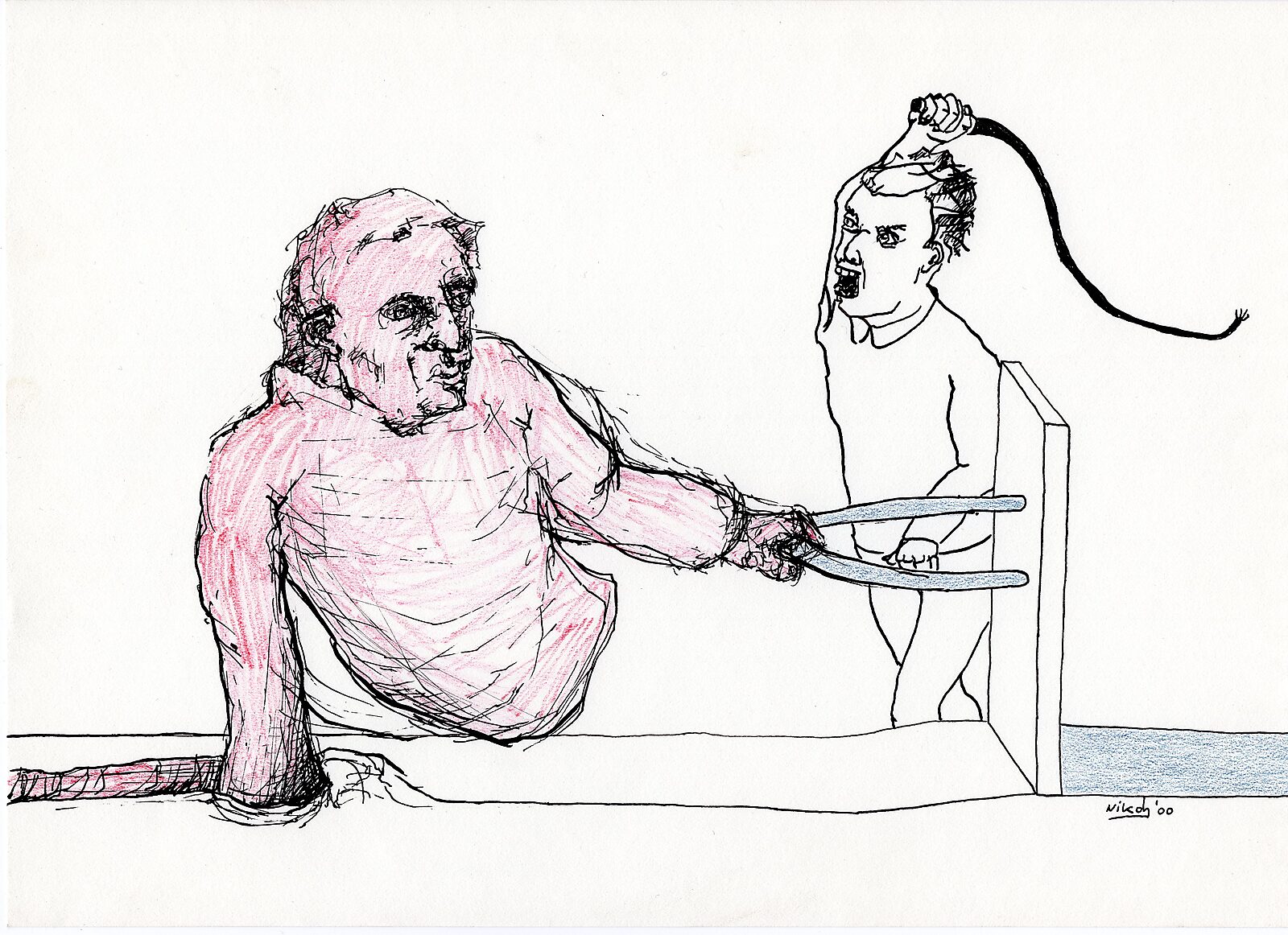 Tekeningen — Jaar 2000 — tekening van een grote figuur die door een opening in een vlak naar voren komt en met een tang een kleinere figuur vastklemt; de kleinere figuur houdt een kabel boven zijn hoofd.
