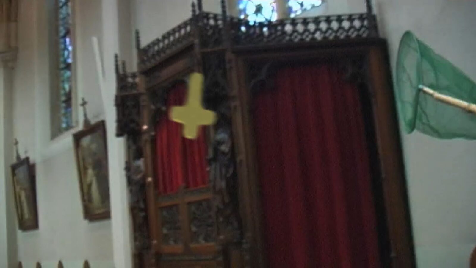 Choose and Change, The Catcher of the Cross — video stills: church interior with confessional booth and a floating golden cross, while a green net enters from the right.