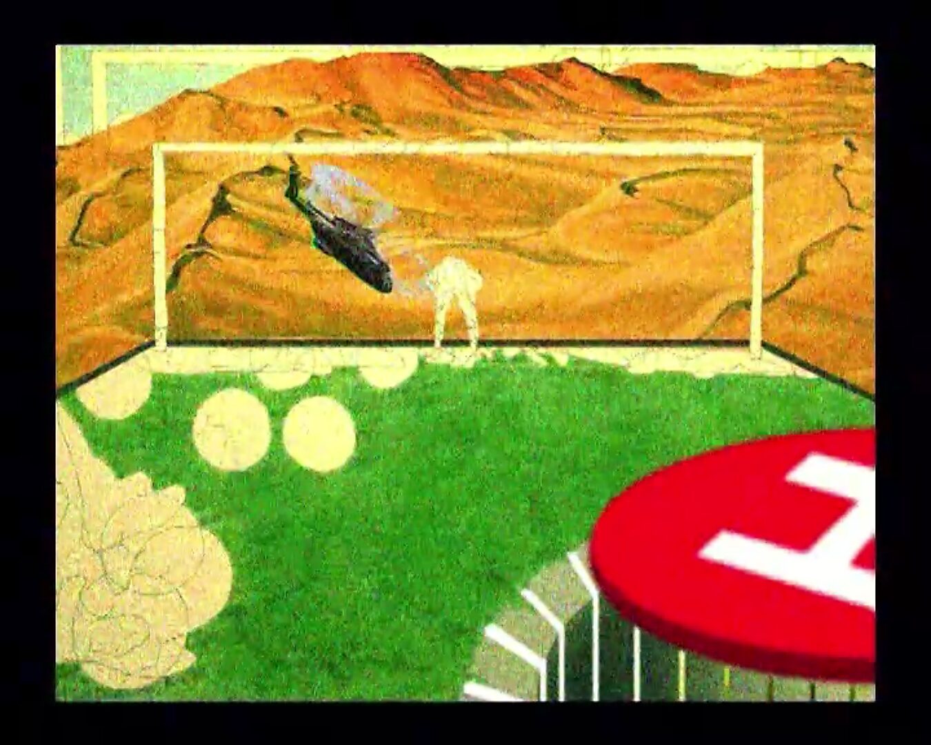 Living Canvas — The Luxury of Replaceable Goalkeepers — video still in which a helicopter flies low across the goal while the goalkeeper stands in the center.