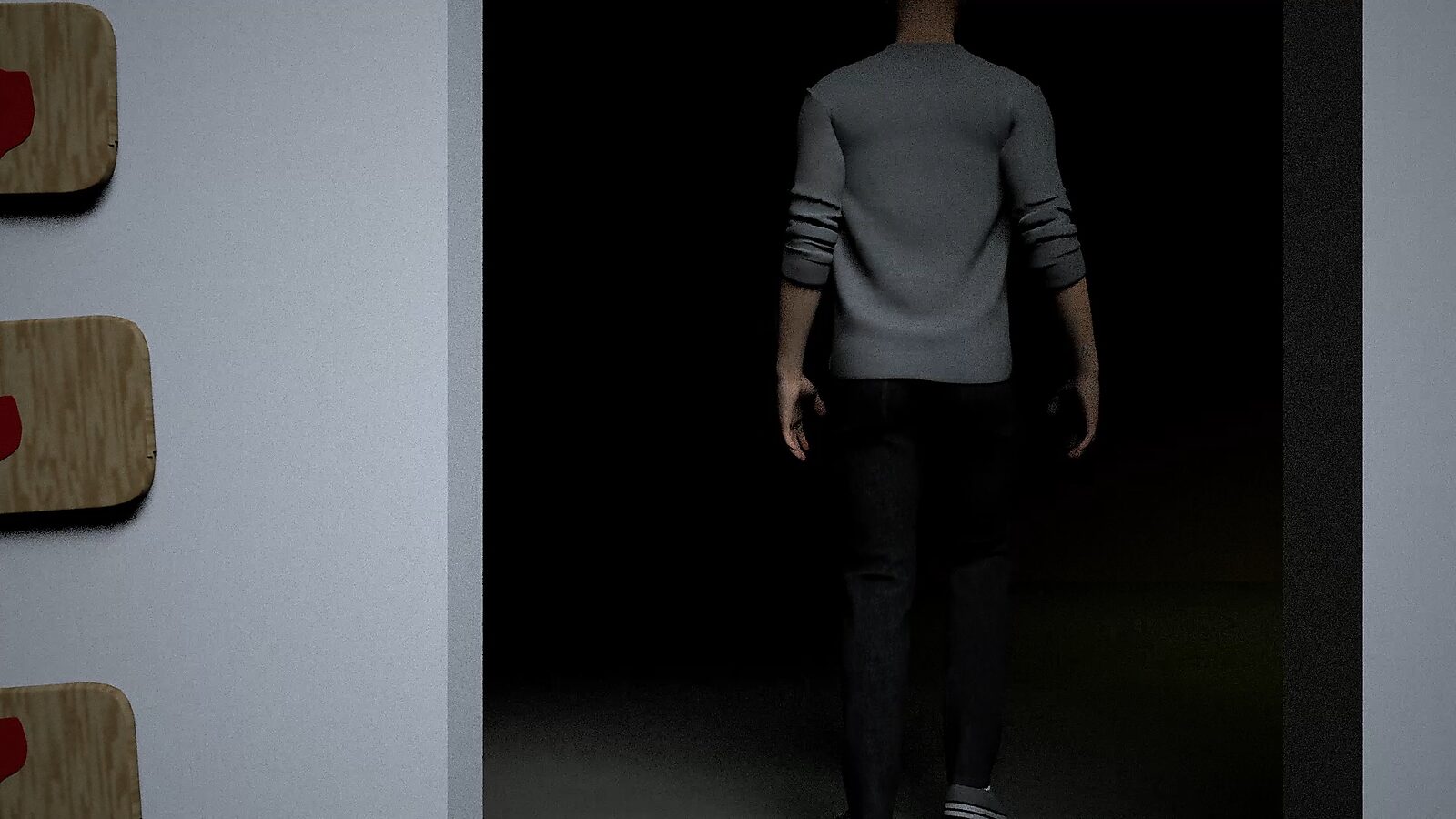 De snijplank — videostill 3D-animatie: de man loopt een donkere opening binnen, weg van de ruimte met de herhaalde snijplanken.