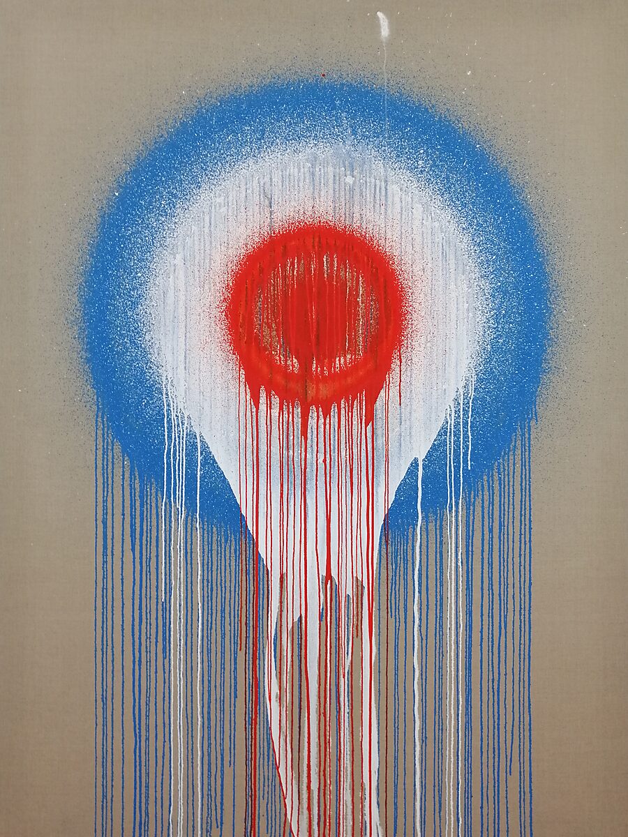 Smeltende doelen nr. 3 — doek met rode, witte en blauwe concentrische cirkels waaruit lange verfstrepen naar beneden lopen.