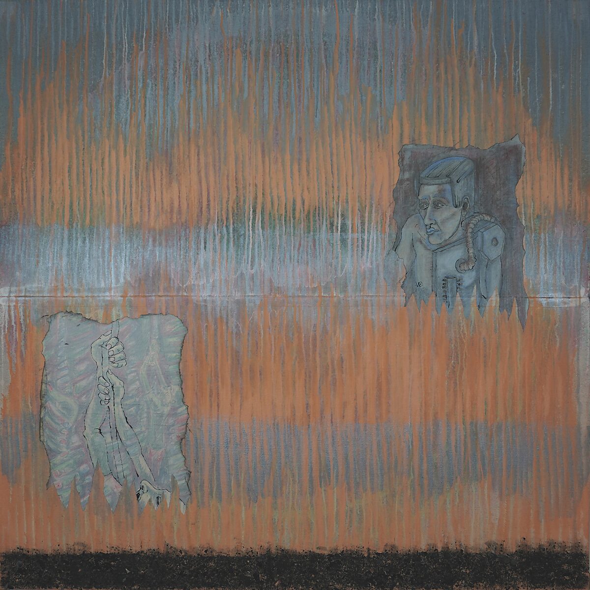 The Divider — process photo: overall view with drawings integrated into the canvas and a horizontal line of ash at the bottom.