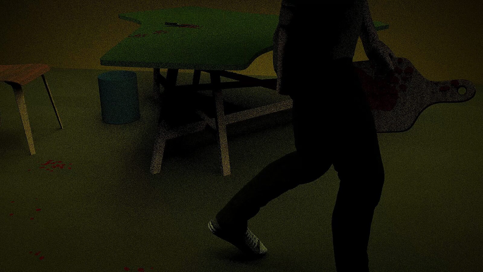 The Cutting Board — 3D animation videostill: the man stands up carrying the cutting board with the knife, leaving red stains on the floor behind him.
