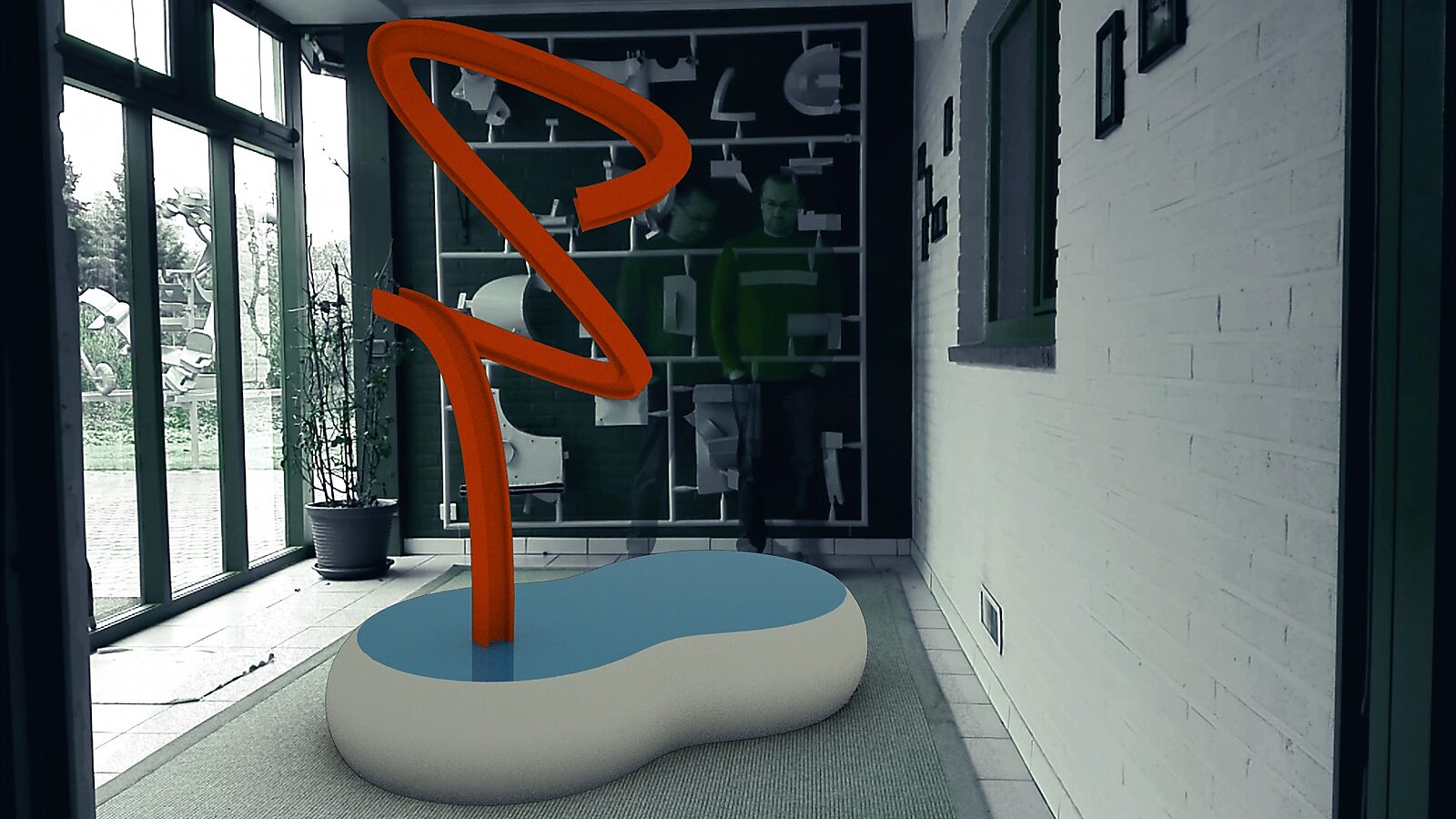 Iron Sketch — video still in which several curved lines grow from a single point, forming an initial spatial structure.