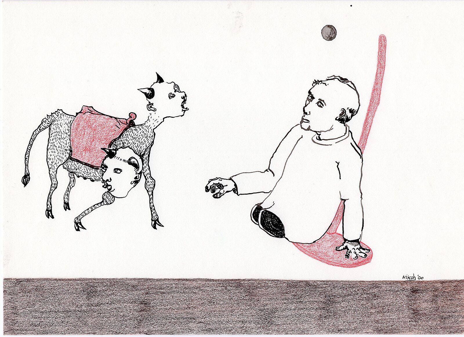 Drawings — Year 2000 — drawing of a hybrid animal-like creature with two heads and red accents facing a seated figure; behind the figure a red line rises upward.
