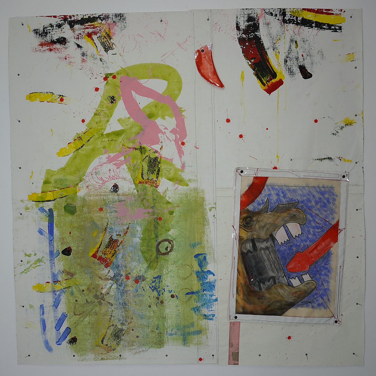 Signature of a Rhinoceros — process photo: variation of the final work with the rhinoceros drawing placed in a different position.